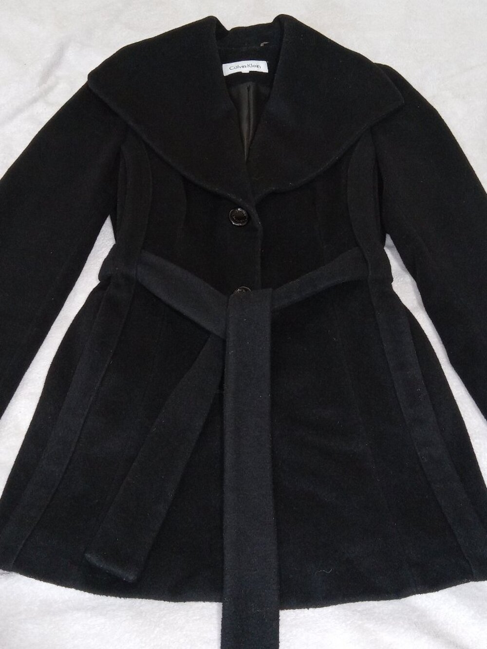 Calvin Klein Women's Wool Blend Trench Pea Coat Black Belted Shawl Collar 10P
